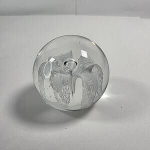 Art Glass Paperweight In Clear with White Flower unsigned desk decretive piece